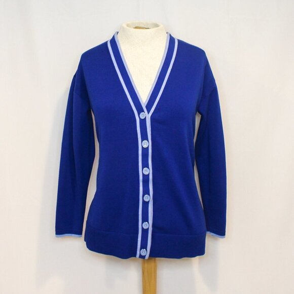 Talbots Royal Blue Contrast Trim Button Front V Neck Cardigan + Matching Shirt - Picture 1 of 13